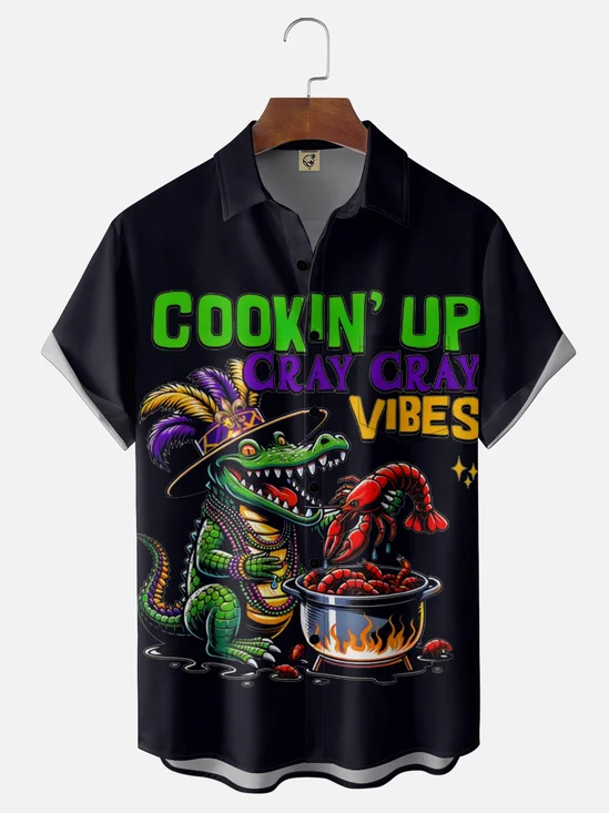 Moisture Wickin Mardi Gras Carnival Crocodile Chest Pocket Holiday Hawaiian Shirt