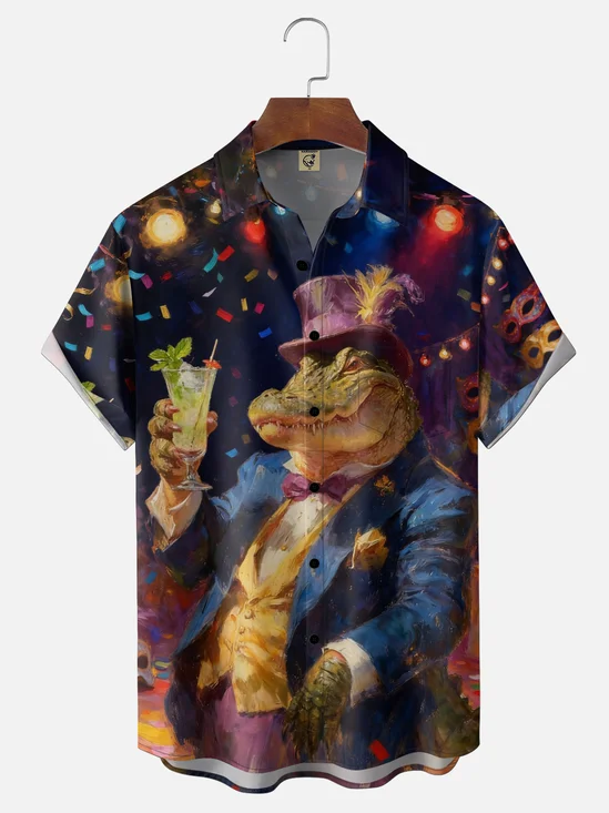 Moisture Wickin Mardi Gras Carnival Crocodile Chest Pocket Holiday Hawaiian Shirt