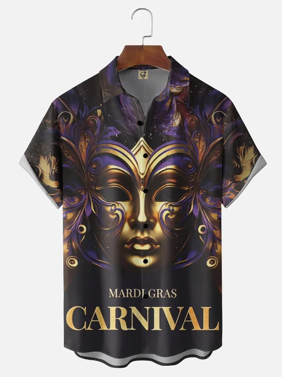 Moisture-wicking Mardi Gras Art Mask Chest Pocket Casual Shirt