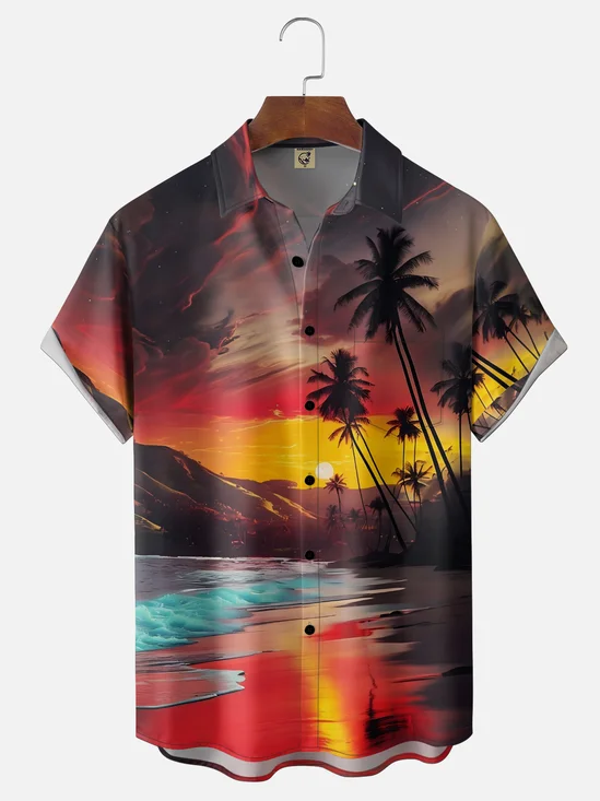 Moisture-wicking Dreamy Sunset Island Beach Chest Pocket Hawaiian Shirt