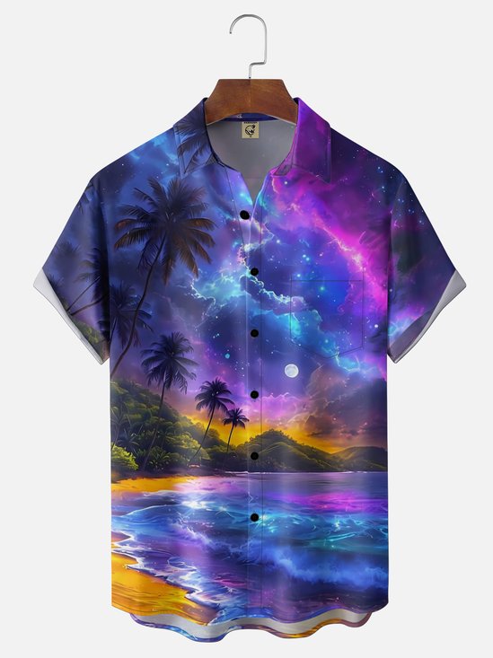 Moisture-wicking Dreamy Night Beach Chest Pocket Hawaiian Shirt
