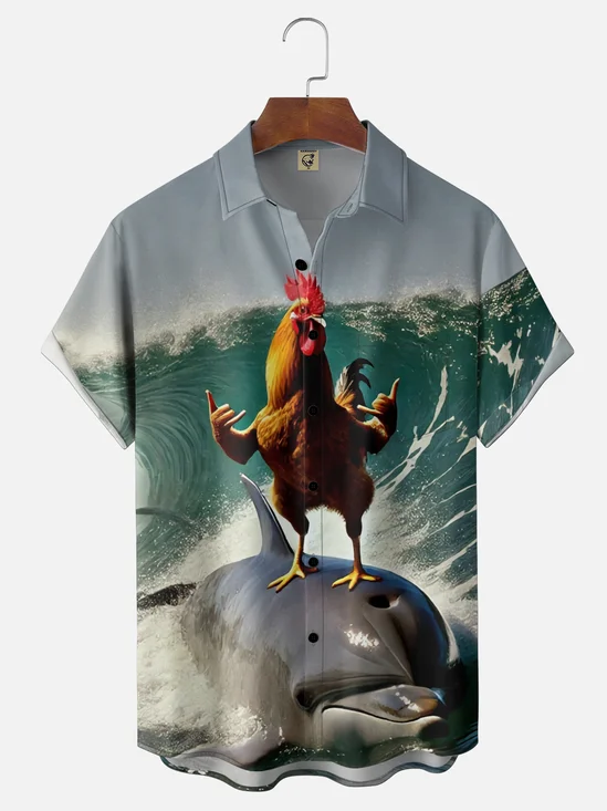 Moisture-wicking Fun Chicken Surfing Dolphin Chest Pocket Hawaiian Shirt