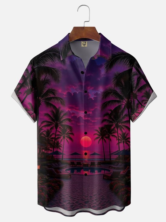 Moisture-wicking Dream Sunset Beach Chest Pocket Hawaiian Shirt
