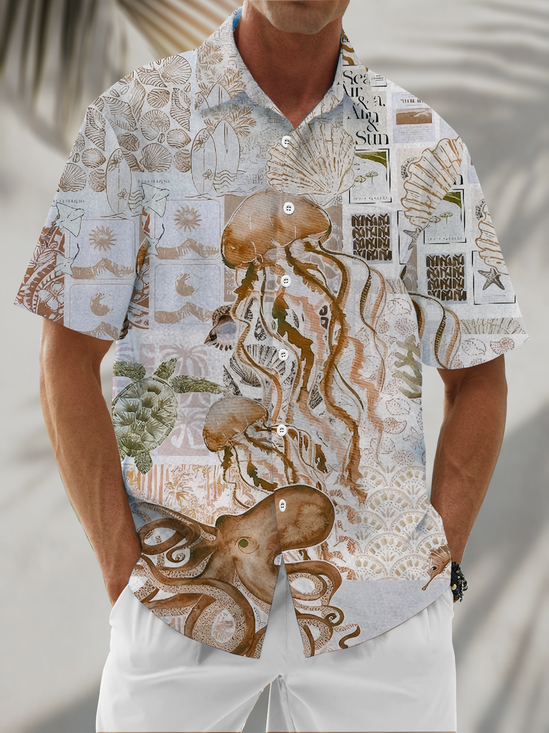 Moisture Wickin Ocean Elements Octopus Jellyfish Chest Pocket Holiday Hawaiian Shirt
