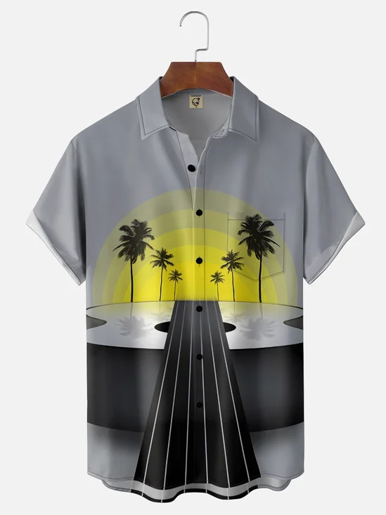 Moisture Wicking Gradient Guitar Coconut Tree Chest Pocket Holiday Shirt