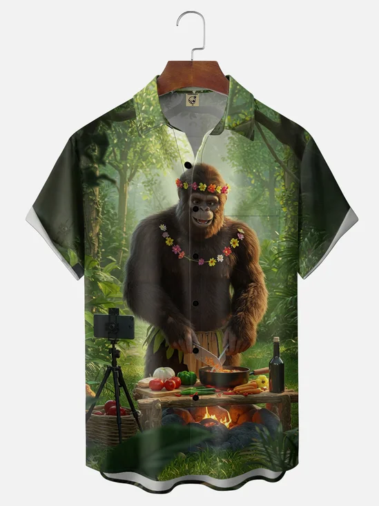 Moisture-wicking Bigfoot BBQ Fun Chest Pocket Hawaiian Shirt