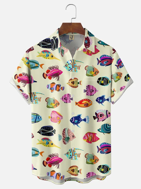 Moisture Wickin Ocean Fish Chest Pocket Holiday Hawaiian Shirt