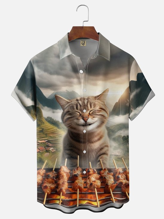 Moisture-wicking Fun Cat BBQ Outdoor Chest Pocket Hawaiian Shirt