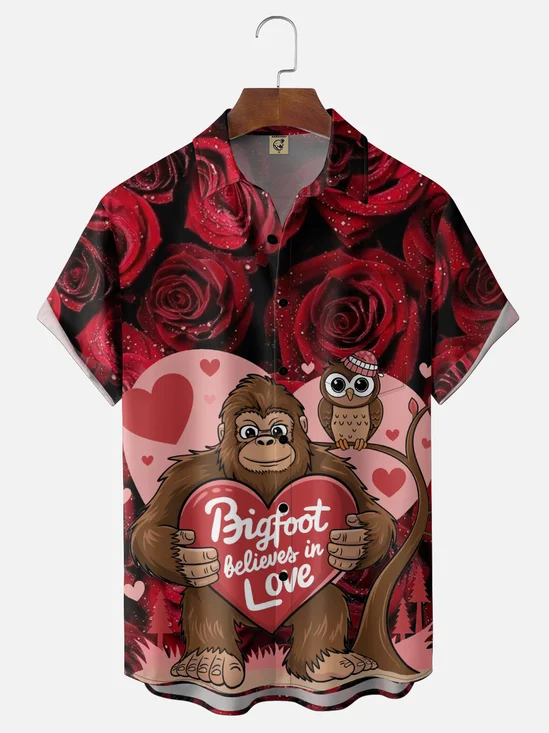 Moisture-wicking Valentine's Day Rose Bigfoot Chest Pocket Hawaiian Shirt
