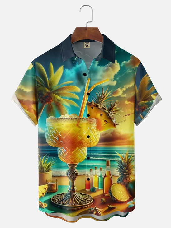 Moisture Wicking Beach Gradient Pineapple Cocktail Coconut Tree Chest Pocket Holiday Shirt