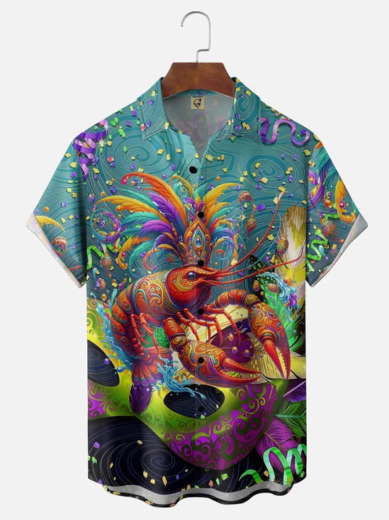 Moisture Wicking Carnival Mask Lobster Ribbon Chest Pocket Holiday Shirt