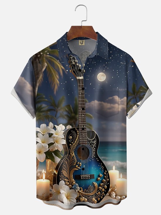 Moisture Wicking Gradient Guitar Floral Chest Pocket Holiday Shirt