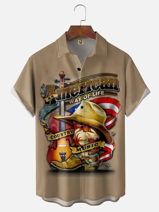 Moisture Wicking American Flag Country Violin Chest Pocket Holiday Shirt