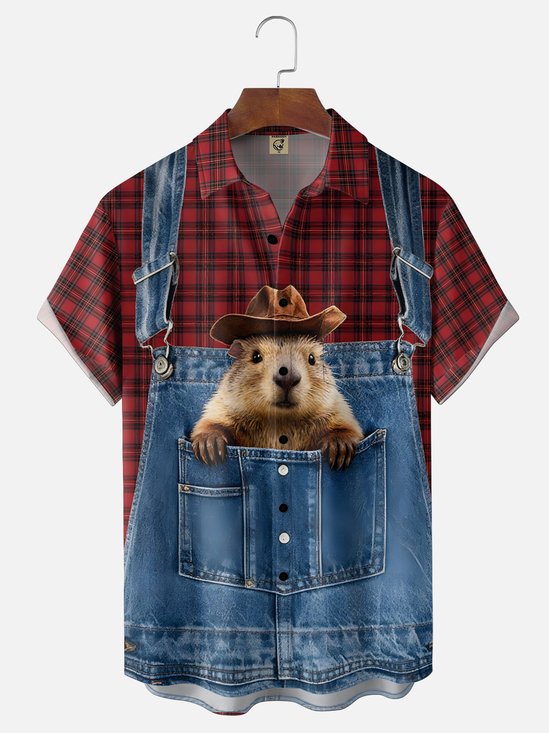 Moisture-wicking Groundhog Day Cowboy Hat Plaid Chest Pocket Casual Shirt