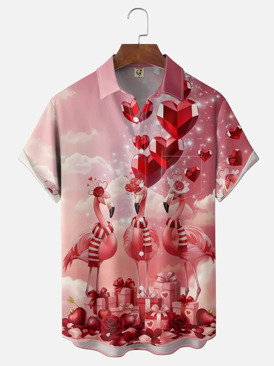 Moisture-wicking Valentine's Day Flamingo Heart Chest Pocket Casual Shirt