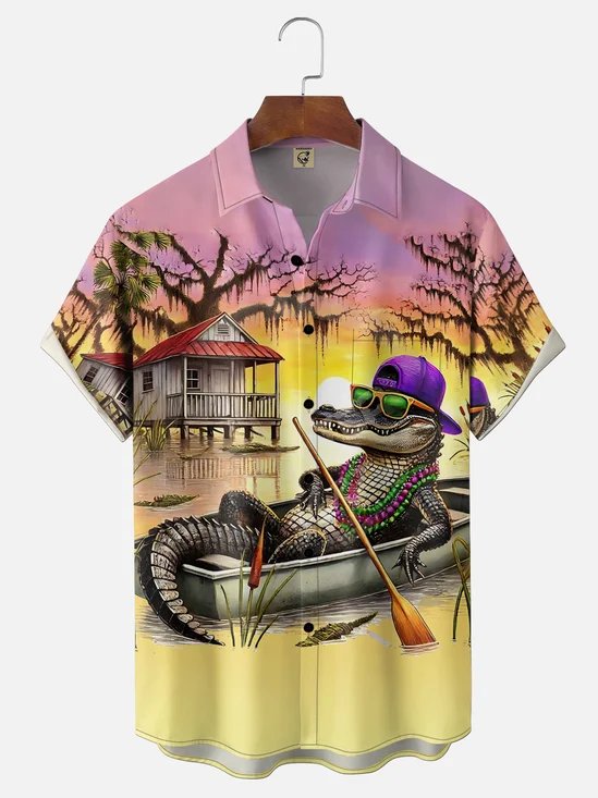 Moisture Wickin Mardi Gras Carnival Crocodile Chest Pocket Holiday Hawaiian Shirt