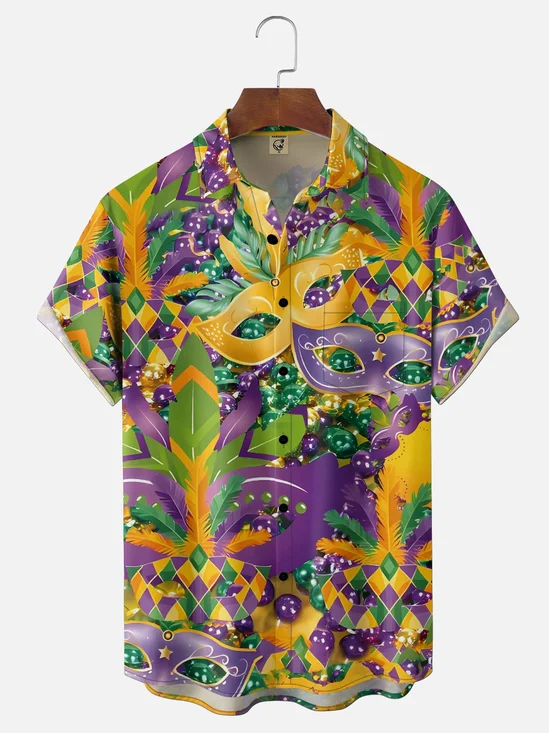 Moisture-wicking Mardi Gras Mask Chest Pocket Casual Shirt