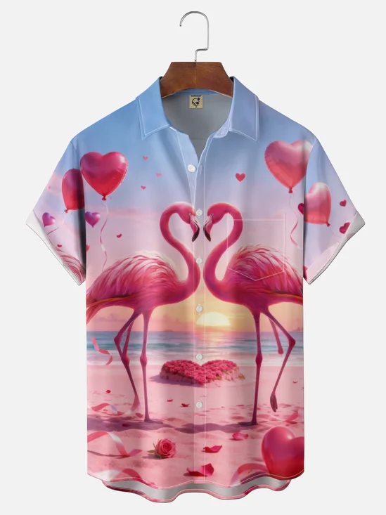 Moisture-wicking Valentine's Day Flamingo Heart Beach Chest Pocket Casual Shirt