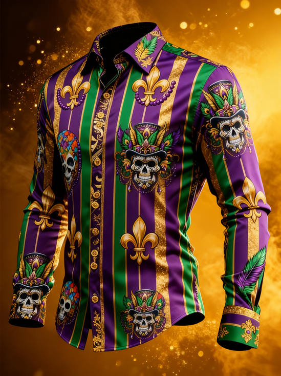 Moisture Wickin Mardi Gras Carnival Mask Skull Chest Pocket Holiday Long Sleeve Shirt