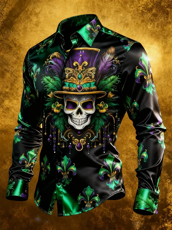 Moisture Wickin Mardi Gras Carnival Mask Skull Chest Pocket Holiday Long-Sleeve Shirt