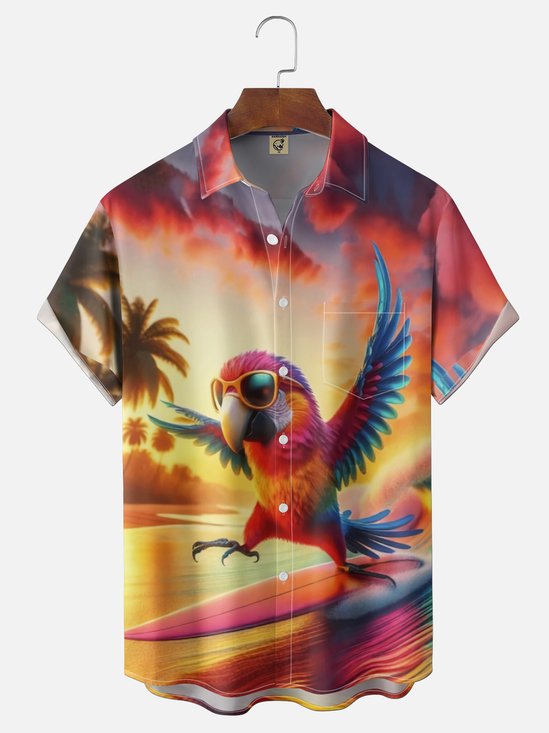 Moisture Wickin Fun Surfing Parrot Chest Pocket Holiday Hawaii Shirt