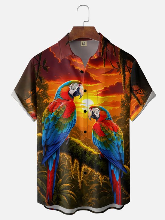 Moisture Wickin Sunset Parrot Chest Pocket Holiday Hawaii Shirt