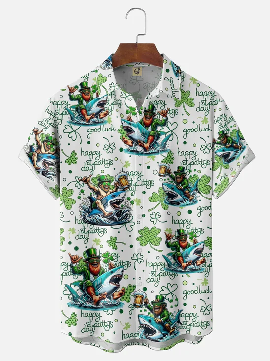 Moisture Wickin St. Patrick's Beer Spirit Shark Chest Pocket Holiday Hawaiian Shirt