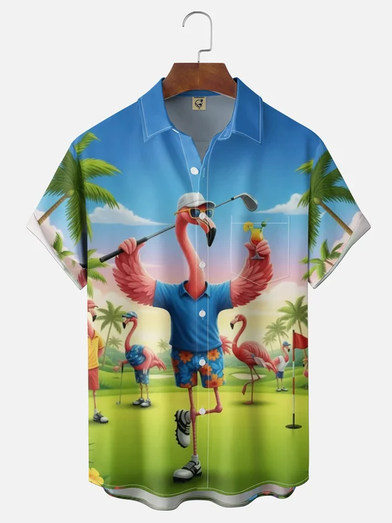 Moisture Wickin Fun Golf Flamingo Chest Pocket Holiday Hawaiian Shirt