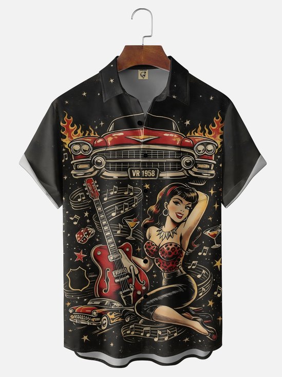 Moisture Wicking Vintage Car Vintage Music Chest Pocket Holiday Hawaiian Shirt