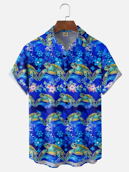 Moisture Wickin Hawaiian Leaves Flowers Sea Turtle Chest Pocket Holiday Hawaiian Shirt