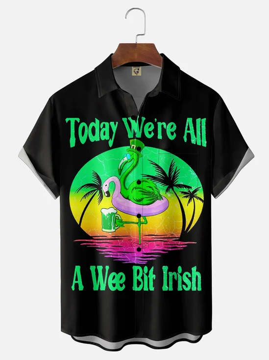 Moisture Wickin St. Patrick's Day Golf Theme Flamingo Chest Pocket Holiday Hawaiian Shirt