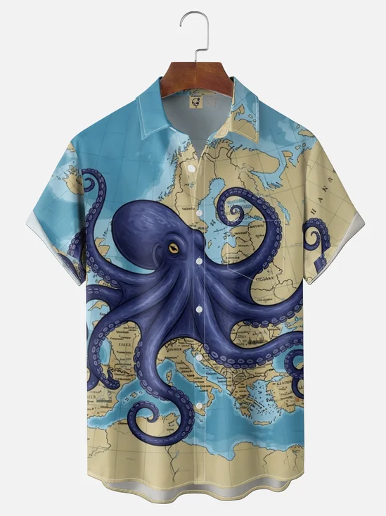 Moisture Wickin Retro Map Octopus Chest Pocket Holiday Hawaii Shirt