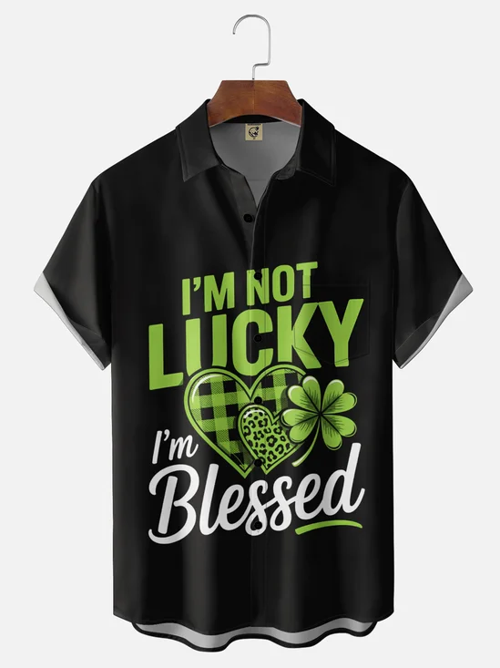 Moisture-wicking Saint Patrick‘s Day Shamrock Ireland I'm Not Lucky I'm Blessed Chest Pocket Casual Shirt