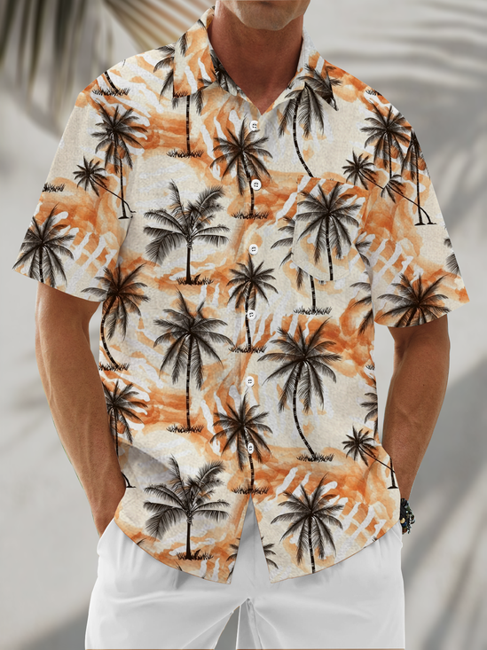 Linen Texture Gradient Coconut Tree Chest Pocket Holiday Hawaii shirt