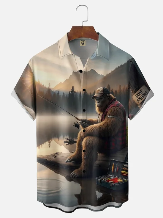 Moisture Wickin Fishing Bigfoot Chest Pocket Holiday Hawaiian Shirt