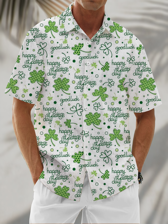 Linen texture St. Patrick's Lucky Clover and Four-Leaf Clover Chest Pocket Holiday Hawaii Shirt