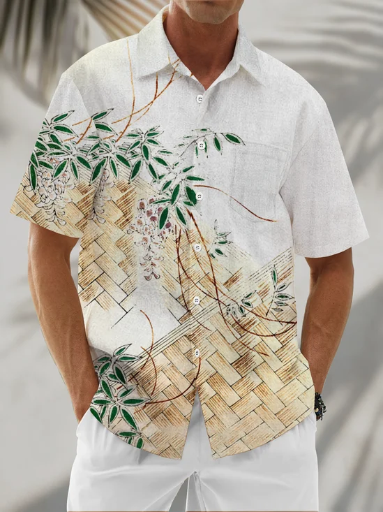 Linen Texture Vintage Botanical Chest Pocket Holiday Hawaiian Shirt