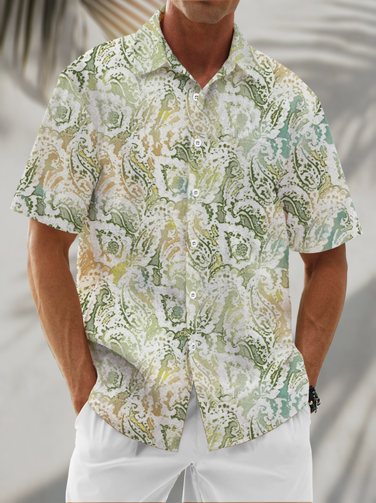 Linen texture Gradient Retro Paisley Chest Pocket Holiday Hawaiian Shirt