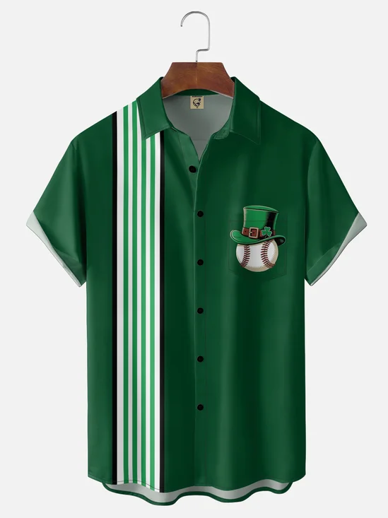 Moisture-wicking Saint Patrick‘s Day Shamrock Baseball Chest Pocket Casual Bowling Shirt