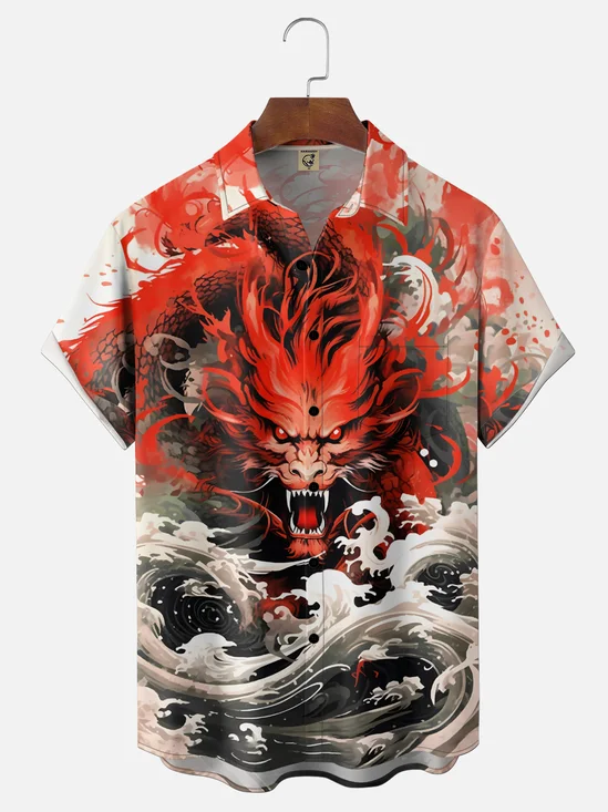 Moisture Wickin Japanese Ukiyo-e Wave Dragon Chest Pocket Holiday Hawaiian Shirt