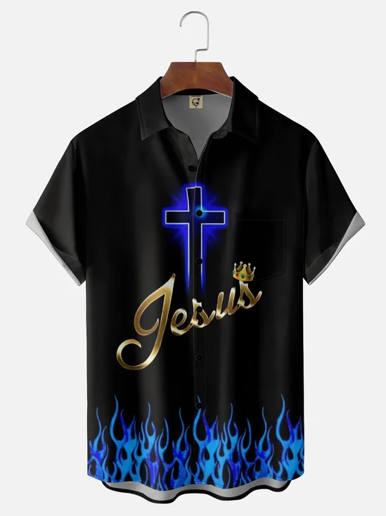 Moisture Wicking 3D Abstract Gradient Color Jesus Cross Flame Chest Pocket Holiday Shirt