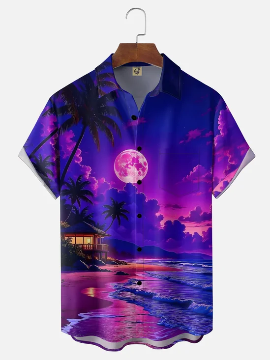 Moisture-wicking Moonlit Beach Dream Chest Pocket Hawaiian Shirt