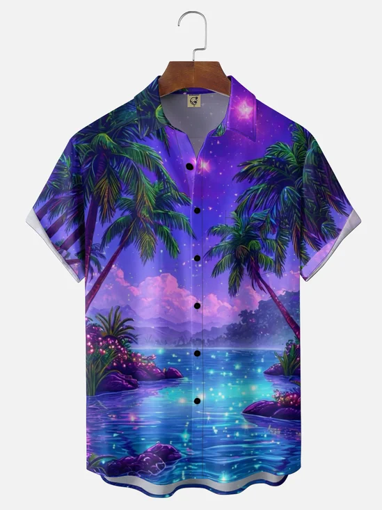 Moisture-wicking Dreamy Neon Beach Fun Chest Pocket Hawaiian Shirt