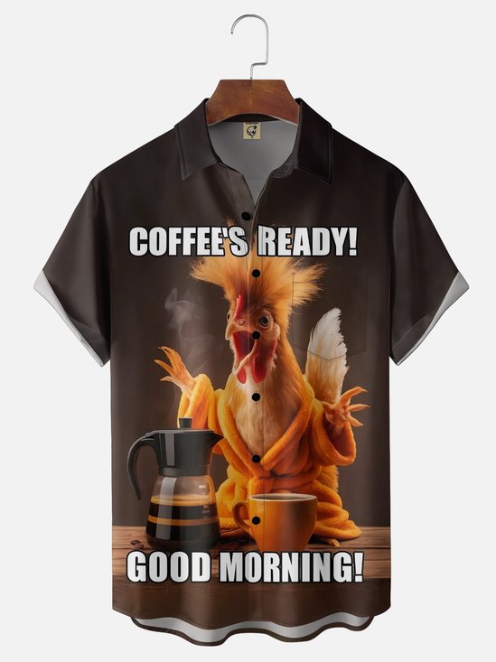Moisture-wicking Coffee's Ready Good Morning Rooster Chest Pocket Casual Shirt