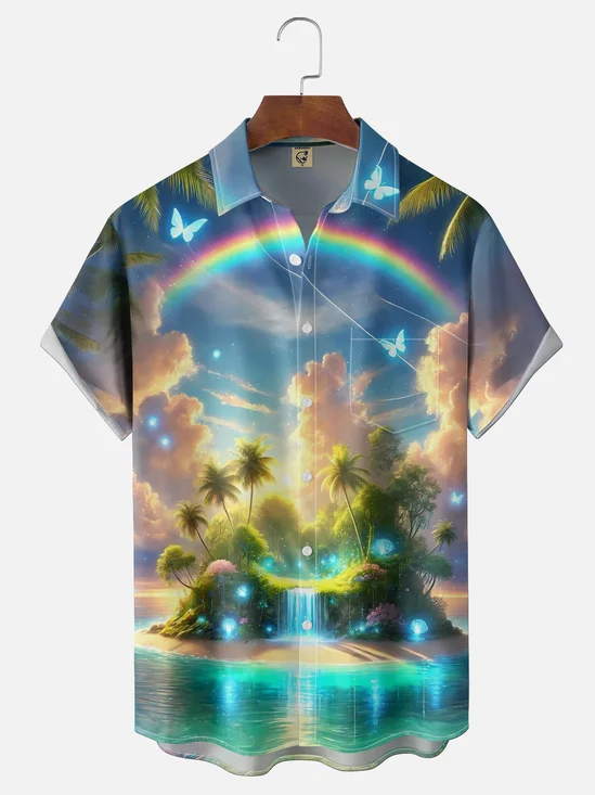 Moisture-wicking Dream Rainbow Beach Chest Pocket Hawaiian Shirt