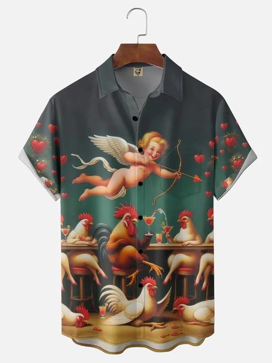 Moisture Wicking Fun Valentine's Day Chicken Chest Pocket Holiday Hawaiian Shirt
