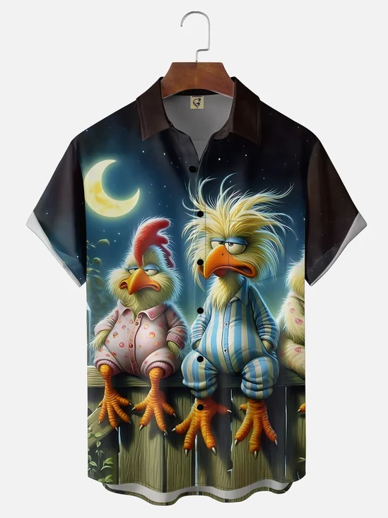 Moisture-wicking Fun Night Owl Chicken Chest Pocket Hawaiian Shirt