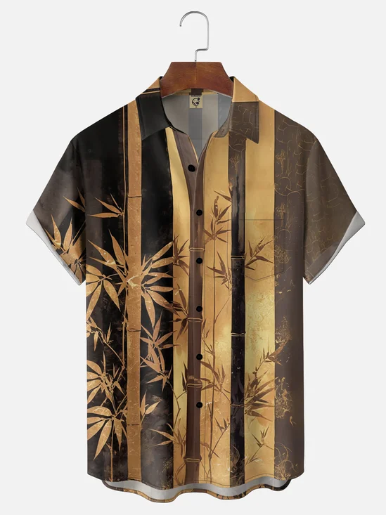 Moisture Wicking Striped Bamboo Plant Leaves Chest Pocket Holiday Hawaii Shirt