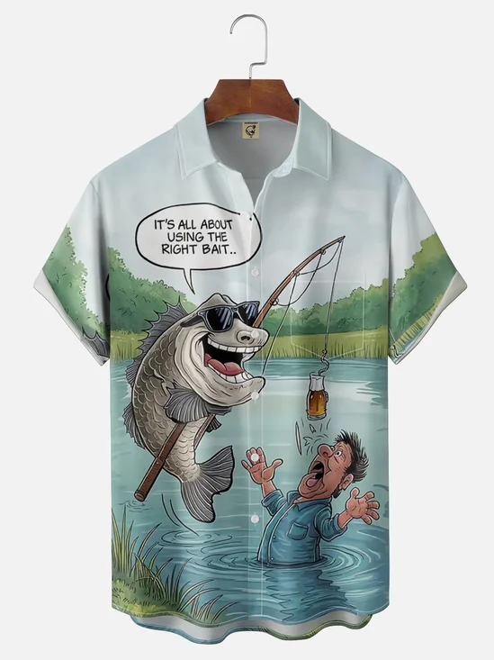 Moisture Wicking Fun Fishing Slogan Chest Pocket Holiday Hawaiian Shirt