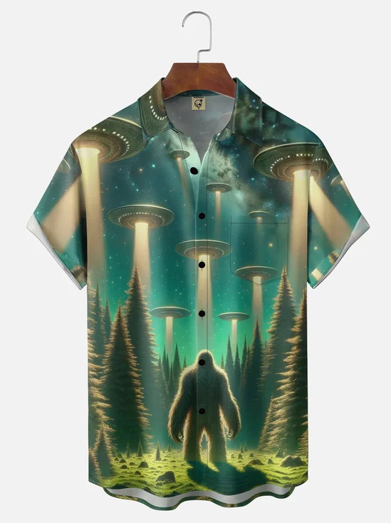 Moisture-wicking Bigfoot UFO Fun Art Chest Pocket Hawaiian Shirt